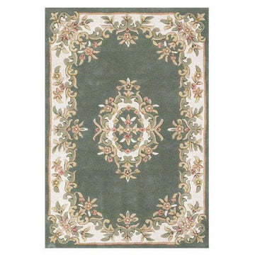 Royal Traditional Floral Aubusson Medallion Border French-Style Hand-Carved Hi-Low Textured Soft Durable Wool Green Rug-Melrose-Rug Love - The Most Loved Rug Store